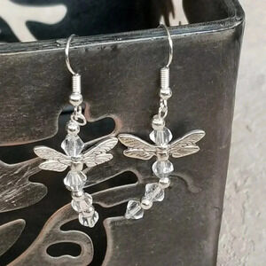 Glass Dragonfly Clear Silver Earrings Handmade